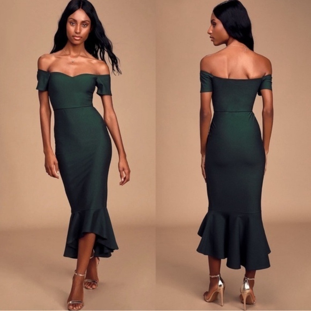 ❗️Lulus | How Much I Care Dark Green Off-the-Shoulder Midi Dress